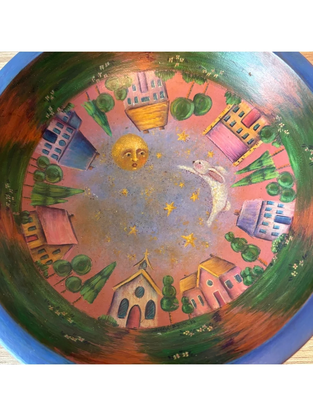 Hand Painted Wooden Wall Bowl Folk Art Moon Rabbit Village 15” Gift Idea for Her